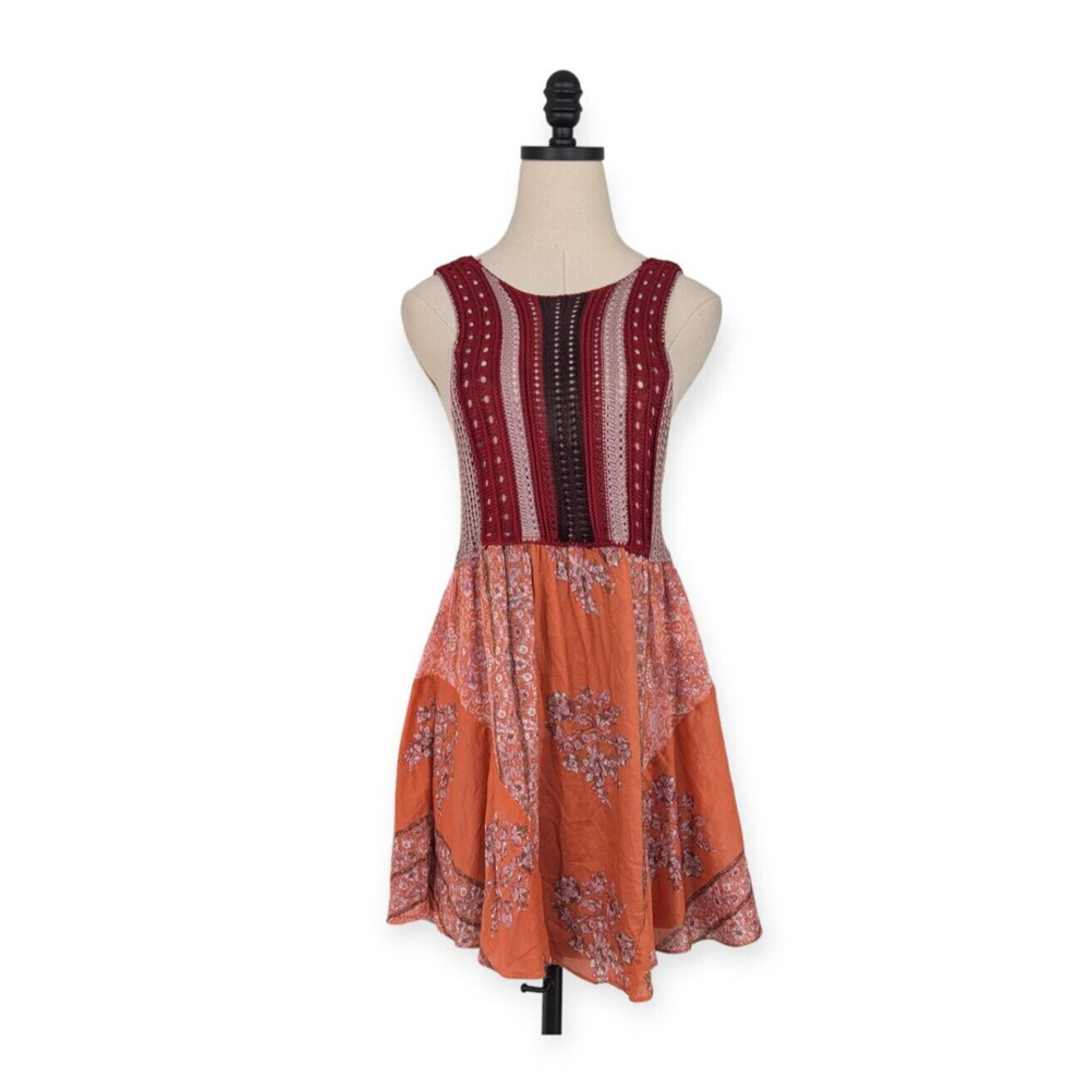 Free People Mini Dress Tunic Crochet Hippie Festival Sundress Floral Red XS